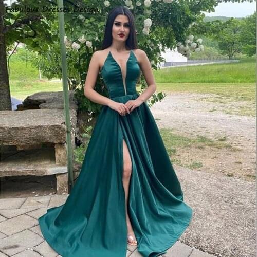 Sexy Deep V-neck Prom Dresses Green Long A Line With Split Evening Dress Party For Women 2021 Sweep Train Vestido De Festa