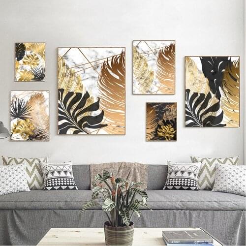 Nordic Gold leaf Print On Canvas Painting Plant Abstract Poster and Print Wall Art Pictures For Living Room Bedroom Home Decor