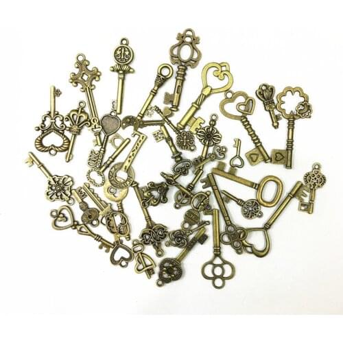 Sweet Bell Mix 40Pcs/Set Vintage Charms Big Key Pendant Antique Bronze Fit Bracelets Necklace DIY Metal Jewelry Making