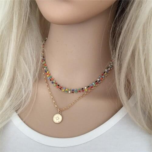 Gorgeous Gold Color Plating Round Disc Pendant Colorful Bead Strand both Side Layered Necklace For Women Elegant Cute Romantic