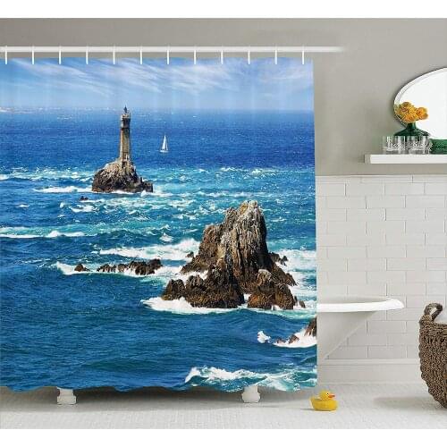 Lighthouse Shower Curtain Daytime Lighthouse Wavy Ocean View and Clear Sky Rocky Islands Sailboat Fabric Bathroom Decor Set with