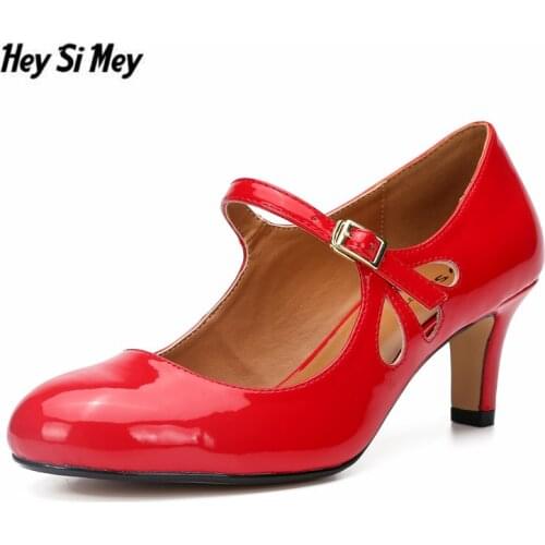 HSM stiletto 6cm Med Thin High heels Buckle Round Toe hollow out shoes woman wedding pumps ladies Crossdresser sapato feminino