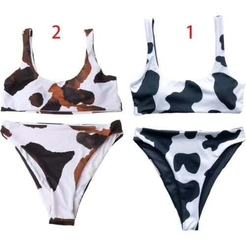 Women Sexy Two Piece Bikini Set Milk Cow Print Scoop Neck Swimsuit High Waisted Push Up Padded Summer Bathing Suit