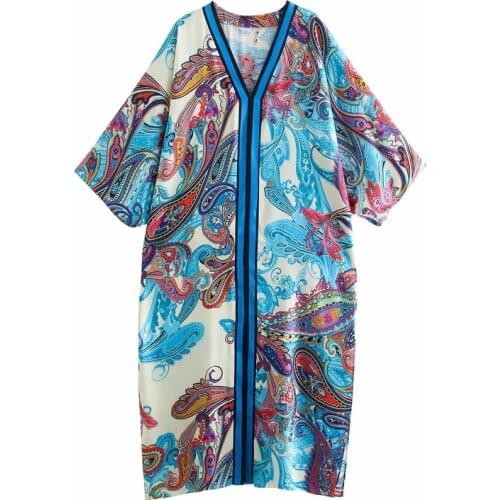 Women 2021 Fashion Paisley printed kaftan dress Vintage v-neck Three Quarter Sleeve midi Female dresses Chic loose robe