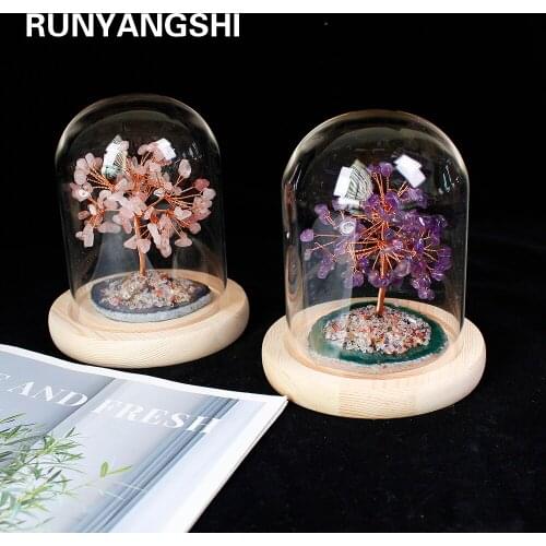 1PC Natural Crystal tree Creative Tumbled Crystal Gemstone Tree Crystal with agate Base Glass cover tabletop decoration