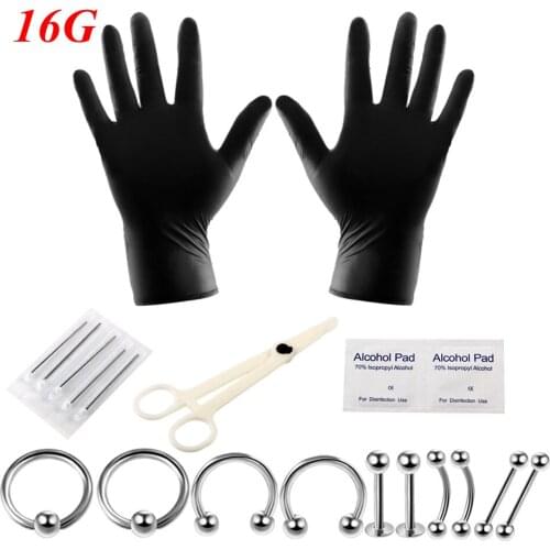 14G 16G 20Pcs/Set Body Piercing Tool Kits Gloves Pliers Puncture Needle Lip Eyebrow Tongue Cartilage Horseshoe Rings Piercing