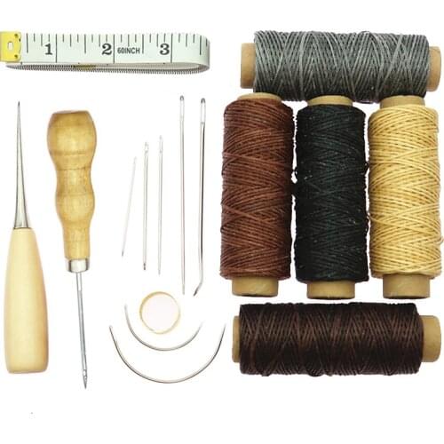 16Pcs Leather Craft Hand Stitching Sewing Tool Thread Awl Thimble Ruler Kit