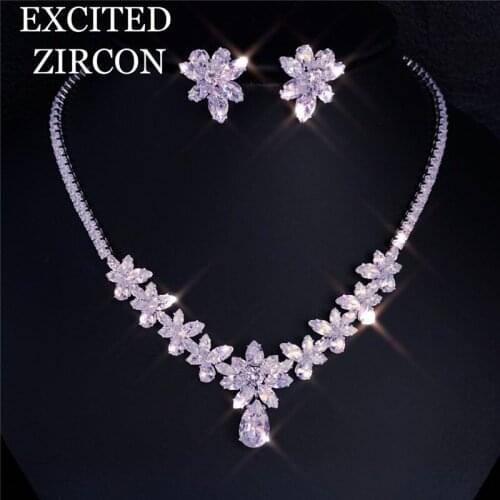 2 pcs/set Brilliant Cubic Zircon Necklace Earrings Wedding Bridal Butterfly Flower Jewelry Sets Party Dress Accessories