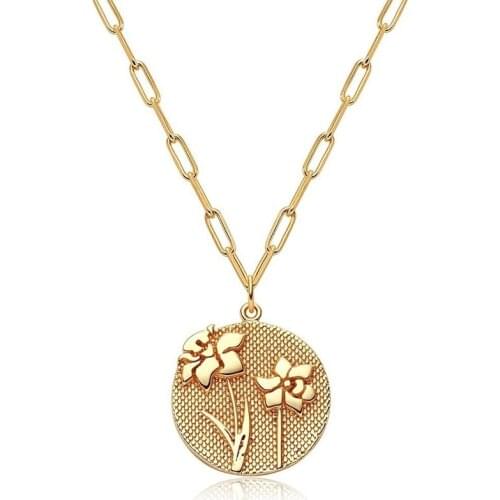 Minar Gold Color Round Embossed 12 Months Flower Pendant Necklaces Necklace New Paper Clip Clavicle Chain Choker Women