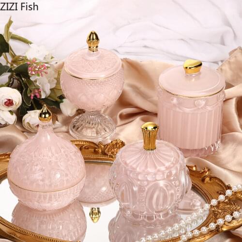 European Pink Glass Storage Jars and Lids Dressing Table Jewelry Jar Cosmetic Containers Creativity Relief Crystal Candy Pots
