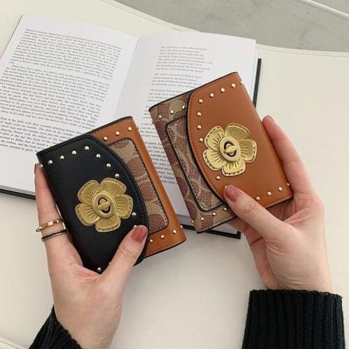 European goods tide brand mountain tea flower wallet burst three fold rivet short wallet multi-card card bag
