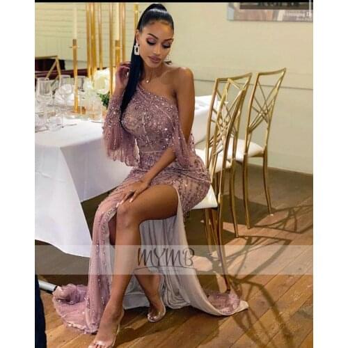 Hot Sale Stylish Blue Evening Wedding Guest Dresses One Open Sleeve Crystal Handmade Beading Formal Party Gowns With Side Split