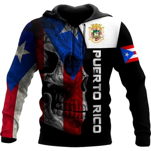 Puerto Rico Skull 3D Printed Hoodie Man Women Harajuku Outwear Zipper Pullover Sweatshirt Casual Unisex Jacket Tracksuit K378