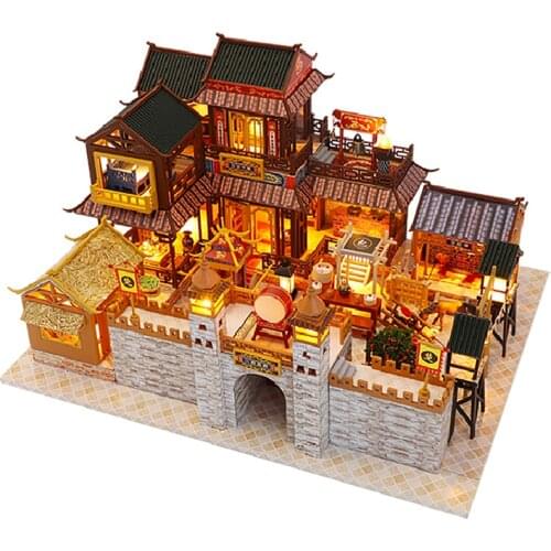 Chinese Architecture DIY Wooden Big Dollhouse Kit Assembled Miniature Drum Doll House Casa Toy for Children Adult Christmas Gift