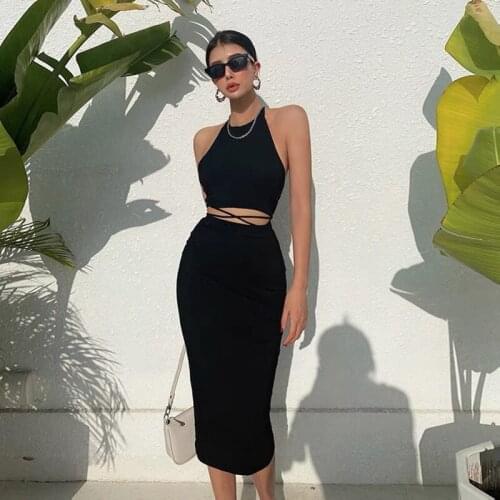 Summer Birthday Outfits For Women Black Sleeveless Halter Sexy Crop Top High Waisted Midi Skirt 2 Piece Set Women Skirt And Top