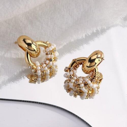 Lifefontier Korean Crystal Beads Twist Drop Earrings for Women Geometric Round Gold Color Metal Dangle Earrings Wedding Jewelry