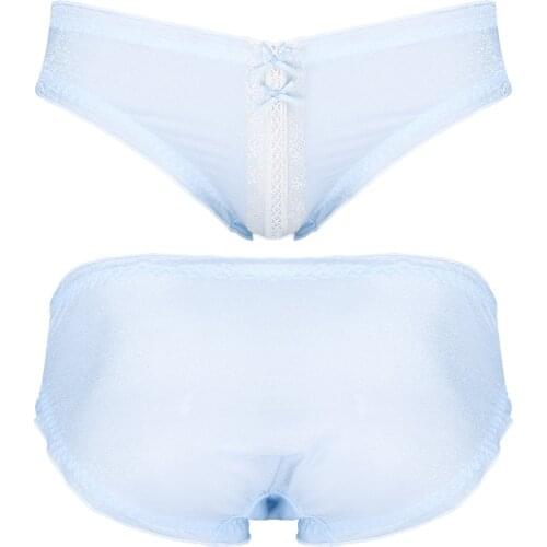 Mens Glitter Ruffled Frilly Briefs Bowknot Lace Decor Underpants Sissy Lingerie Panties Low Waist Elastic Waistband Underwear