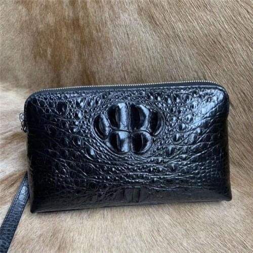 Authentic Exotic Crocodile Skin Mens Small Leisure Wristlets Clutch Bag Genuine True Alligator Leather Male Zipper Card Purse