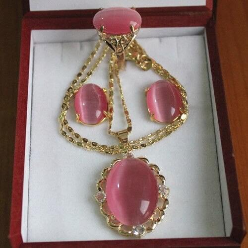 Noblest 18k Inlay pink cats eye jade Necklace Earring Ring set