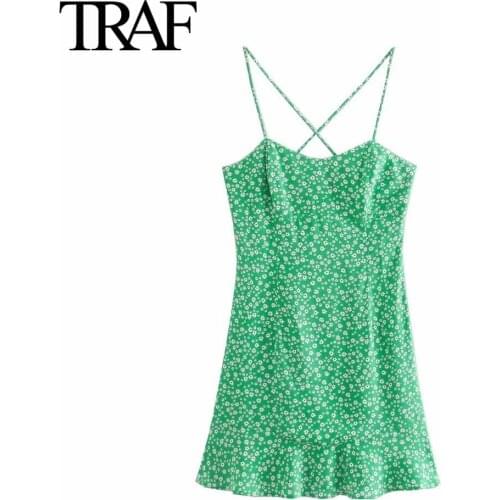 Traf Za Women Fashion Back Elastic Green Dresses Summer Vintage Side Zipper Floral Dress Ruffle Sleeveless Mini Dress Mujer
