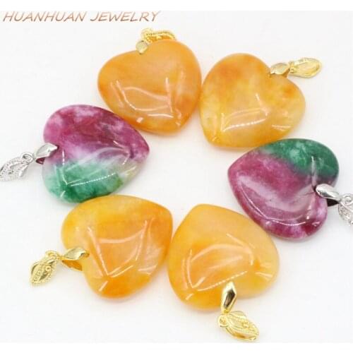 Love Heart Heart Multicolor Natural Stone Pendant 30mm Jades Chalcedony Necklaces & Pendants Chain Charms Women Jewelry B3323