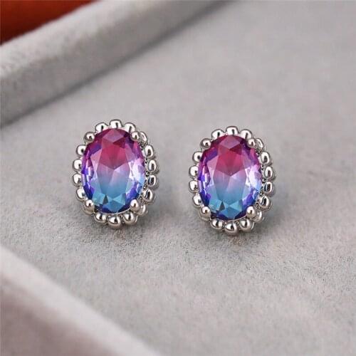 Simple Female Red Green Crystal Earring Charm Silver Color Stud Earrings Cute Rainbow Oval Small Wedding Earrings For Women