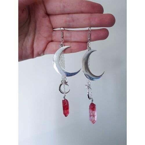 White/Red Silver Quartz Crystal Witchy Earrings, Crescent Moon Gothic Occult Crystal Earrings-Dangle Earrings-Bridesmaid Gift
