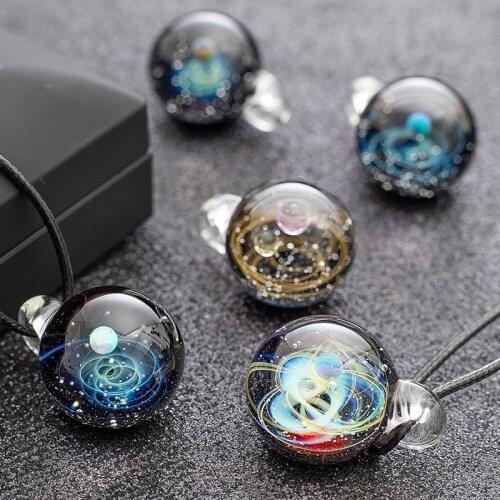Universe Nebula Handmade Glass Planets Pendant Necklace Galaxy Rope Chain Solar System Design Necklace for Women Christams Gift