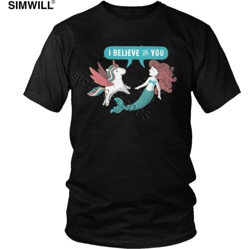 I Believe In You T Shirt Mens Creative Short Sleeved Cotton Tees O Neck Unicorn and mermaid T-Shirts Regular Fit Classic Tops