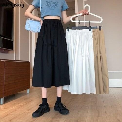 Skirts Women Solid Harajuku Simple Elastic Waist All-match Mid-calf Vintage A-line Students Daily Summer Empire Ulzzang Ins New