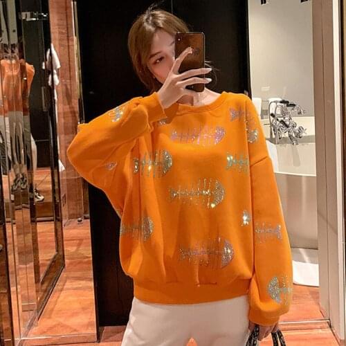 Women Winter Thicken Orange Sweatshirt Fishbone Diamond Loose Long Sleeve Pullovers