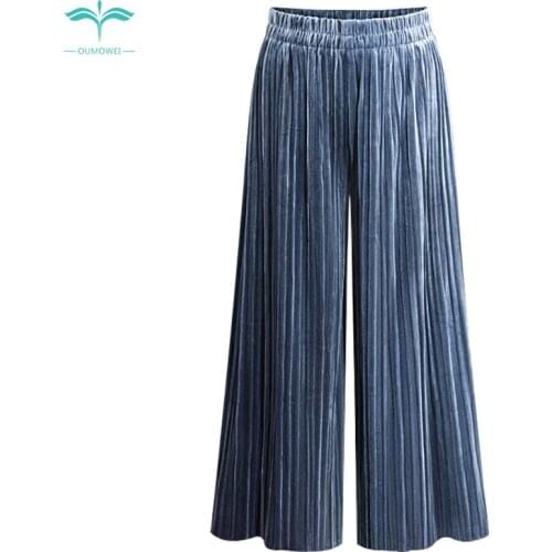 OUMOWEI Womens Trousers 2018 Fashion New Autumn And Winter Velvet Wide Leg Pants Wild Loose High Waist Solid Color Casual Pants