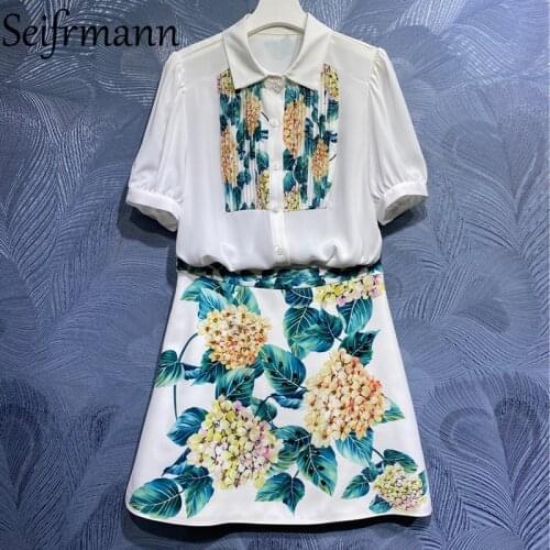 Seifrmann New 2021 Summer Women Fashion Runway Skirts Set Lantern Sleeve Loose Blouses High Waist Floral Print Short Skirts Suit