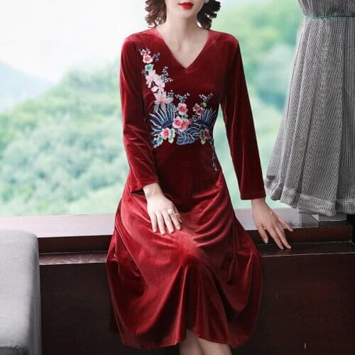 Spring Fall Vintage Women V Neck 3/4 Sleeve Slim Grey Wine Red Embroidery Velour Dress , 2019 Autumn Woman 3xl Velvet Dresses
