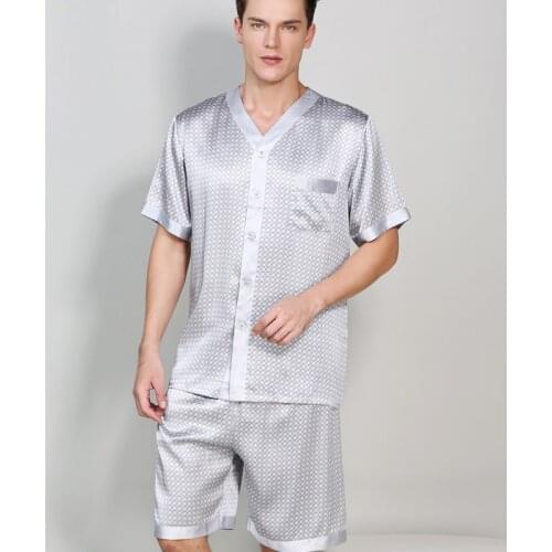 100% Silk Men Pajama Sets Noble Classic Notch Collar Short Sleeves Top and Short Pant with Elastic Waist Pajamas Pyjama sp0142