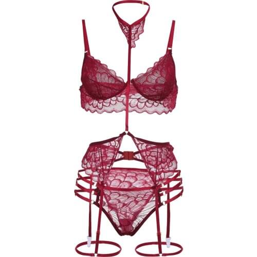 Flower Lace Halter Bra Panties Garter Exotic Sets Women Exotic Underwear See Through Sexy Lingerie Set Nightwear Lenceria Mujer