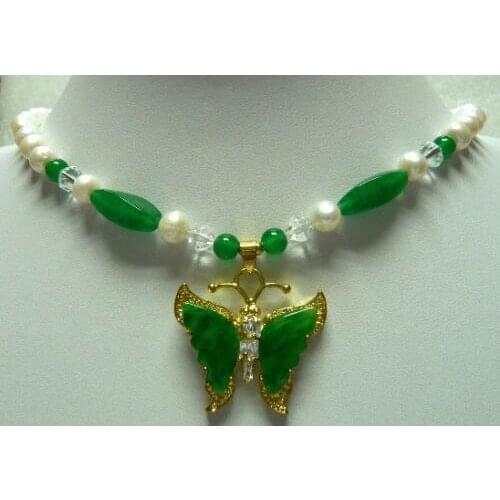 Perfect matched white pearl & green natural jade necklace + butterfly pendant