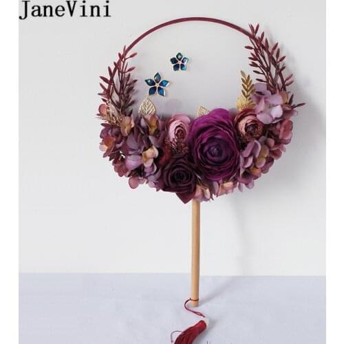 JaneVini Morandi Purple Flowers Bridal Fan Chinese Antiquity Wedding Bouquet 2020 Artificial Rose bouquets de fleurs mariage