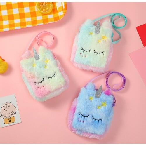 Kawaii Soft Furry Sleeping Unicorn Coin Purse Mini Square Wallet Acrossbody Bag for Girls Small Plush Key Earphone Bag
