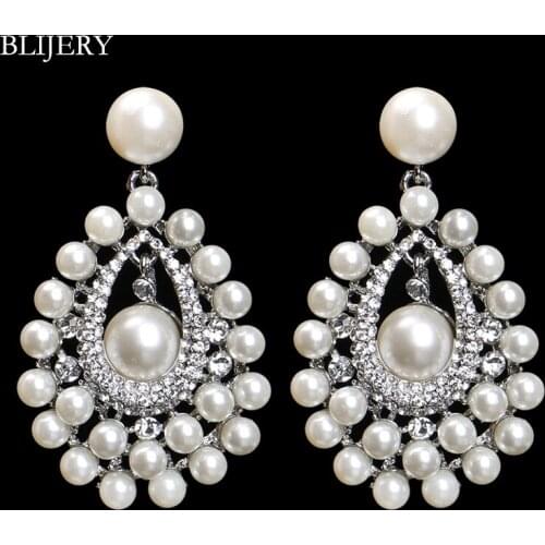 BLIJERY Luxurious Crystal Simulated Pearl Bridal Big Long Drop Earrings for Women Statement Wedding Earrings Jewelry Accessories