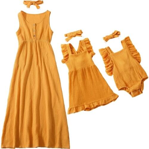 Summer Mommy And Me Sleeveless tank o-neck Romper Maxi Dresses+Headband Family Matching Set casual loose summer mamá dresses