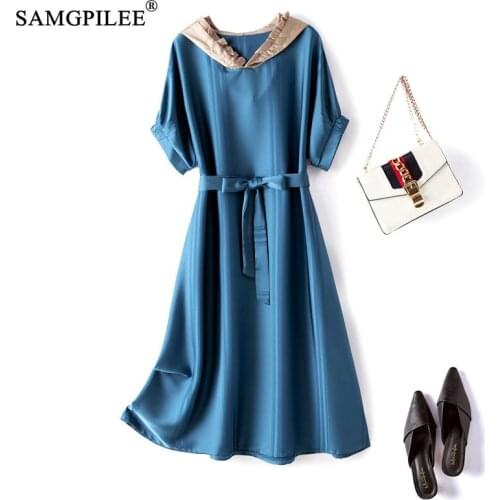 Summer Clothes For Women 2021 New Fashion Acetate Satin Hooded Collar Elegant Raglan Short Sleeve Dresses With Belt Plus Size