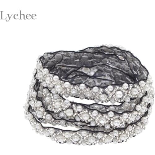 Lychee 1 Yard Pearl Beads Embroidered Lace Trim Ribbon For Garment Decoration DIY Handmade Sewing Accessories