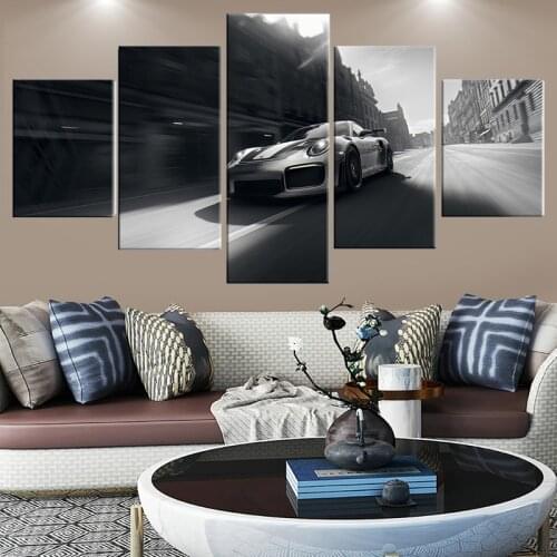 HD Print Modular 5 Pieces Porsche 911 GT Car Picture Canvas Black Painting Poster For Living Room Home Decor Wall Art Framework
