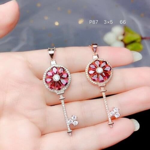 Natural red garnet necklace pendant S925 silver natural gemstone pendant fashion Lovely Key round girl women party gift jewelry