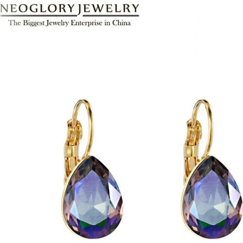 Neoglory Purple Water Drop Crystal Hook Earrings For Women Gold Color Elegant Delicate Dangle Earring Mother‘s Day Gift 14x10mm