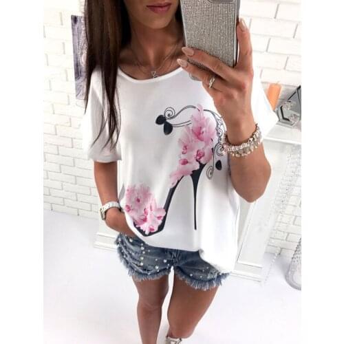 2018 New Fashion Women Short Sleeve High Heels Printed Tops Beach Casual Loose Blouse Top Shirt