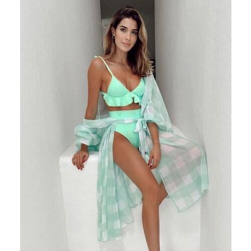 2021 New High Waist Ruffle Bikini Sets Beach Cover Up Solid Light Blue Swimwear Women Swimsuit Beachwear Bathing Suit biquini