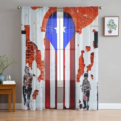 Puerto Rico Flag Door Wall Sheer Curtains for Living Room Bedroom Kitchen Chiffon Tulle Curtains Home Hotel Coffee Decor
