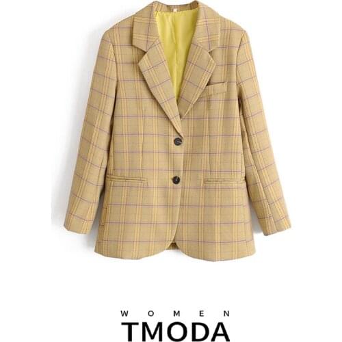 TMODA590 Vintage Stylish Plaid Coat Women 2021 Fashion Notched Collar Suit Long Sleeve Blazers Female Outerwear Chic Jacket Tops